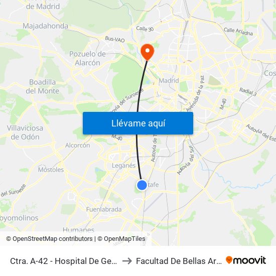 Ctra. A-42 - Hospital De Getafe to Facultad De Bellas Artes map