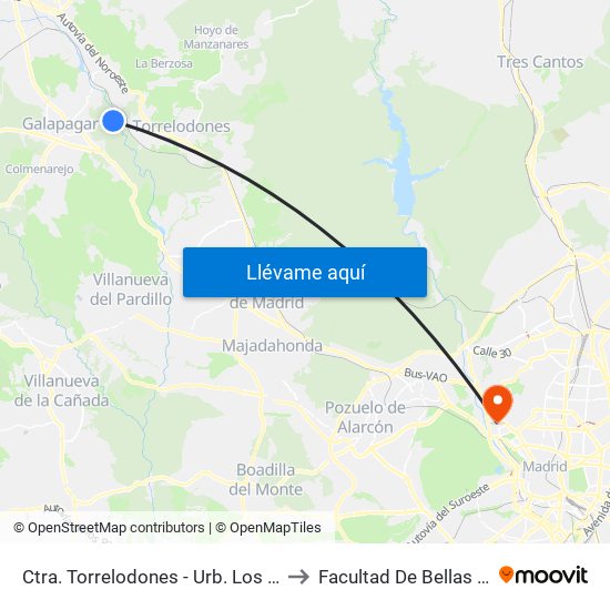 Ctra. Torrelodones - Urb. Los Jarales to Facultad De Bellas Artes map