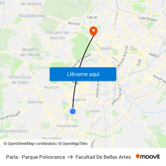 Parla - Parque Polvoranca to Facultad De Bellas Artes map