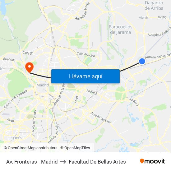 Av. Fronteras - Madrid to Facultad De Bellas Artes map