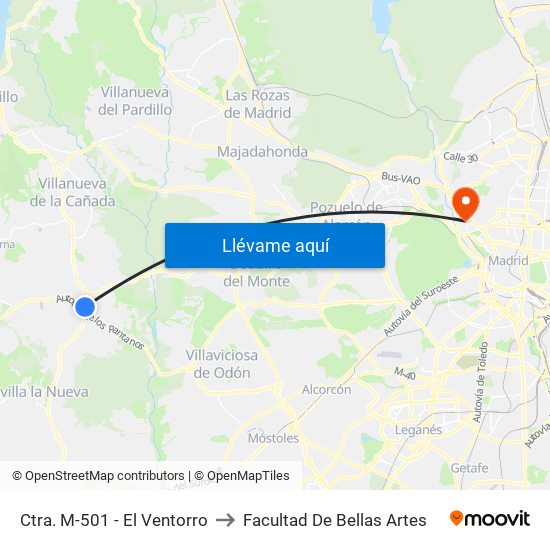 Ctra. M-501 - El Ventorro to Facultad De Bellas Artes map