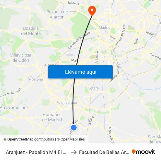Aranjuez - Pabellón M4 El Nido to Facultad De Bellas Artes map