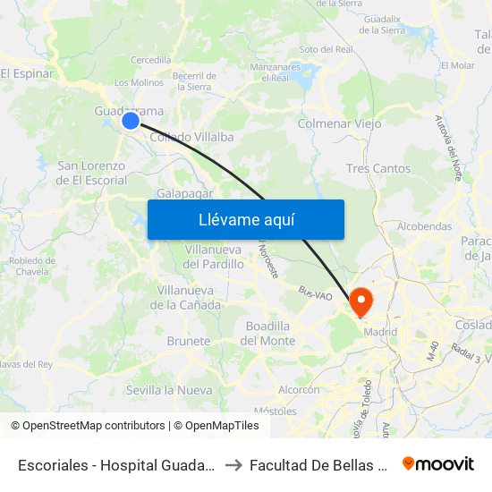 Escoriales - Hospital Guadarrama to Facultad De Bellas Artes map