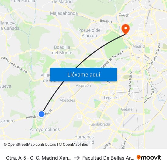 Ctra. A-5 - C. C. Madrid Xanadú to Facultad De Bellas Artes map