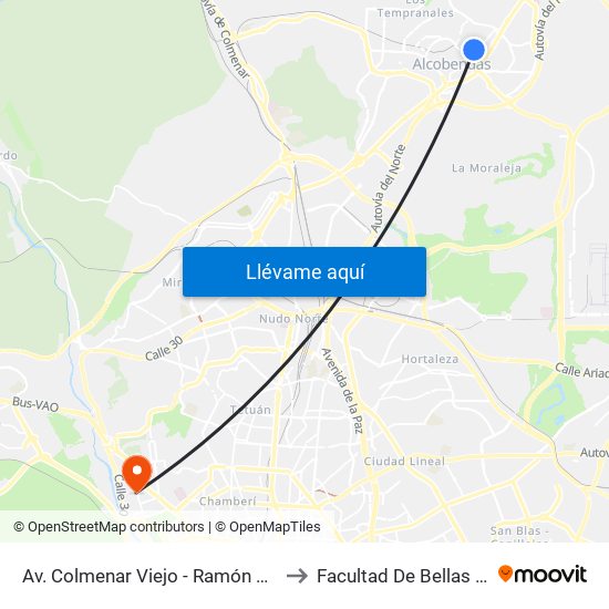 Av. Colmenar Viejo - Ramón Esteban to Facultad De Bellas Artes map