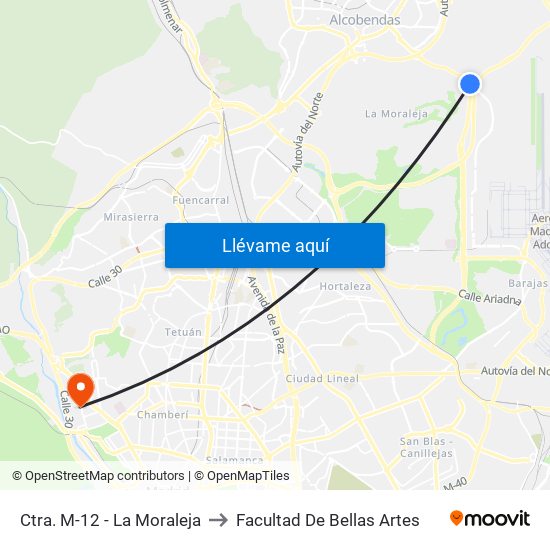 Ctra. M-12 - La Moraleja to Facultad De Bellas Artes map