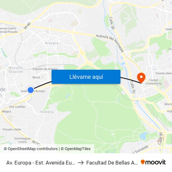 Av. Europa - Est. Avenida Europa to Facultad De Bellas Artes map