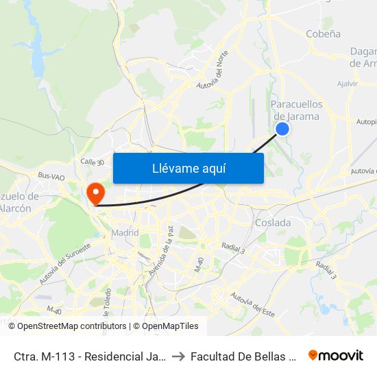 Ctra. M-113 - Residencial Jarama to Facultad De Bellas Artes map