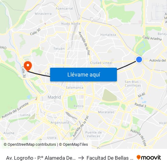 Av. Logroño - P.º Alameda De Osuna to Facultad De Bellas Artes map