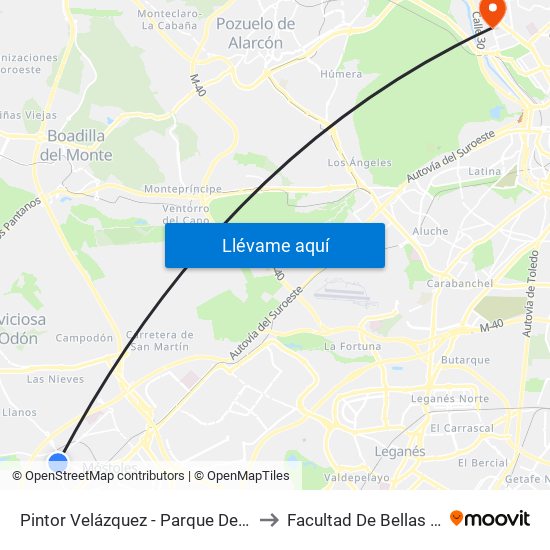 Pintor Velázquez - Parque De El Soto to Facultad De Bellas Artes map