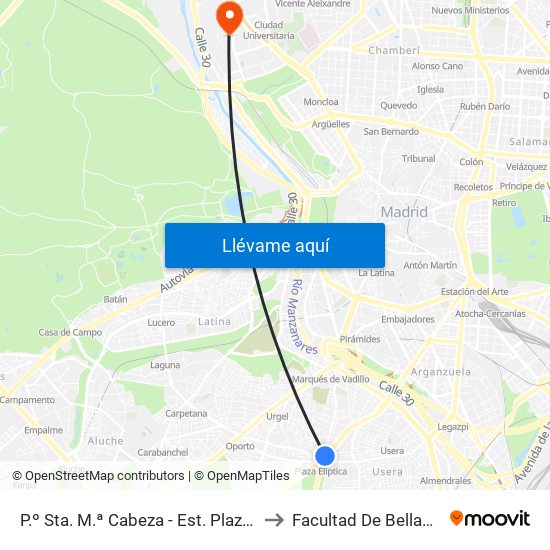 P.º Sta. M.ª Cabeza - Est. Plaza Elíptica to Facultad De Bellas Artes map