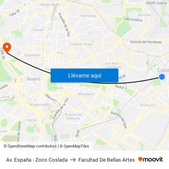 Av. España - Zoco Coslada to Facultad De Bellas Artes map