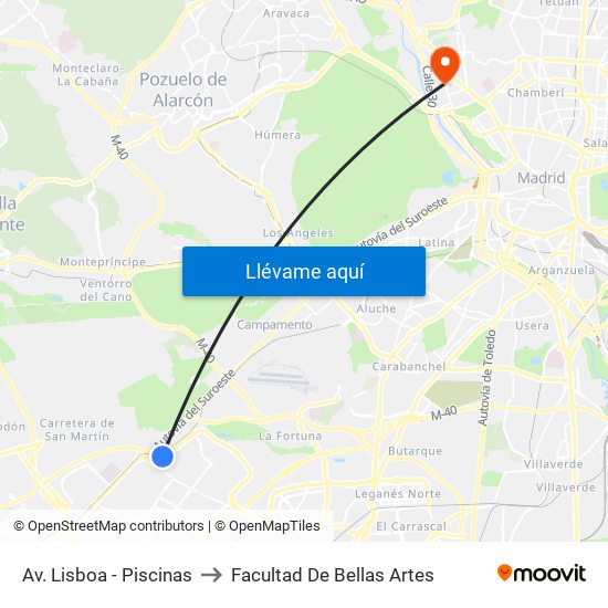 Av. Lisboa - Piscinas to Facultad De Bellas Artes map