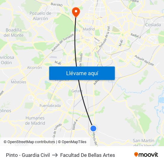 Pinto - Guardia Civil to Facultad De Bellas Artes map