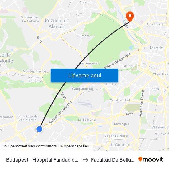 Budapest - Hospital Fundación Alcorcón to Facultad De Bellas Artes map