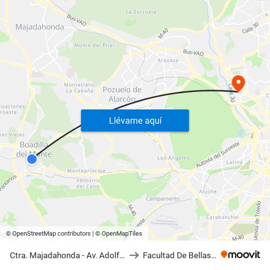 Ctra. Majadahonda - Av. Adolfo Suárez to Facultad De Bellas Artes map