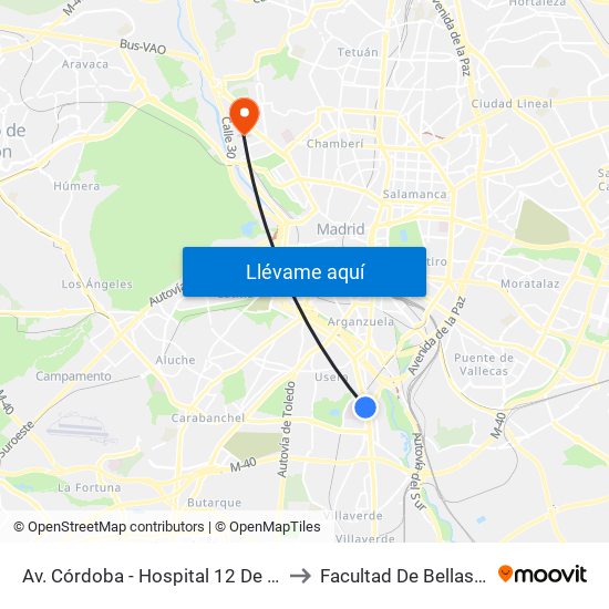 Av. Córdoba - Hospital 12 De Octubre to Facultad De Bellas Artes map