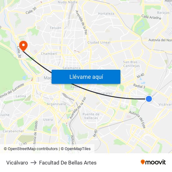Vicálvaro to Facultad De Bellas Artes map