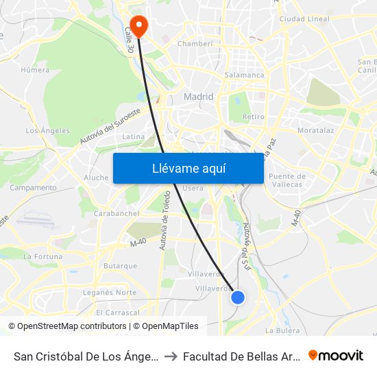 San Cristóbal De Los Ángeles to Facultad De Bellas Artes map