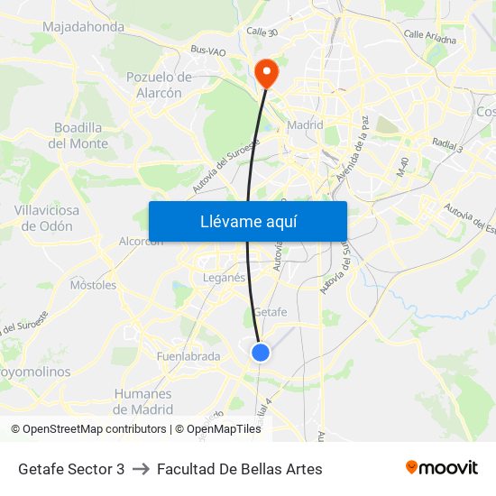 Getafe Sector 3 to Facultad De Bellas Artes map