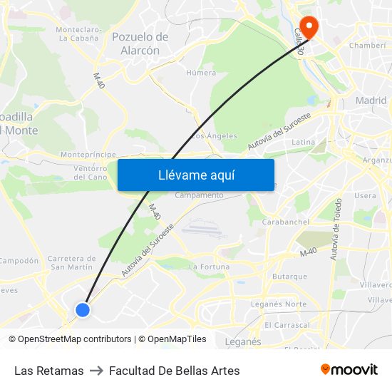 Las Retamas to Facultad De Bellas Artes map