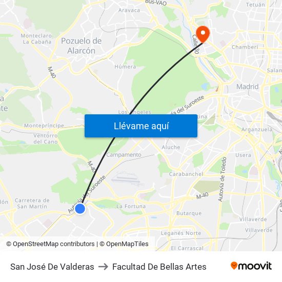 San José De Valderas to Facultad De Bellas Artes map