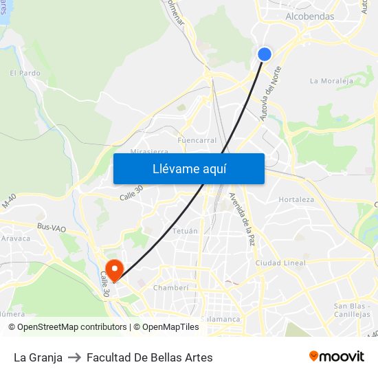 La Granja to Facultad De Bellas Artes map