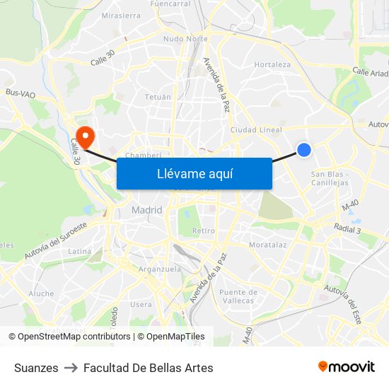 Suanzes to Facultad De Bellas Artes map