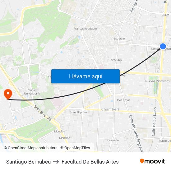 Santiago Bernabéu to Facultad De Bellas Artes map