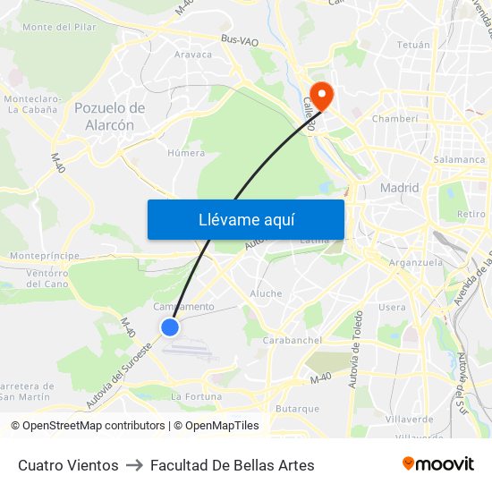 Cuatro Vientos to Facultad De Bellas Artes map