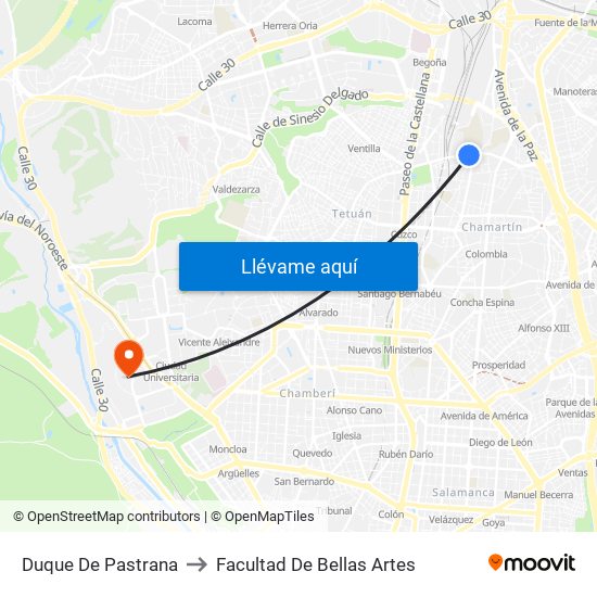 Duque De Pastrana to Facultad De Bellas Artes map