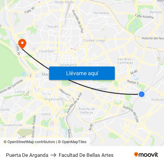 Puerta De Arganda to Facultad De Bellas Artes map