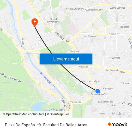 Plaza De España to Facultad De Bellas Artes map