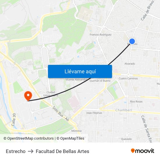 Estrecho to Facultad De Bellas Artes map