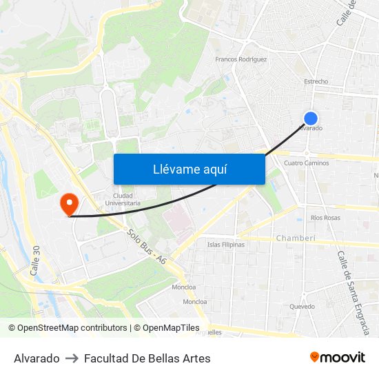 Alvarado to Facultad De Bellas Artes map