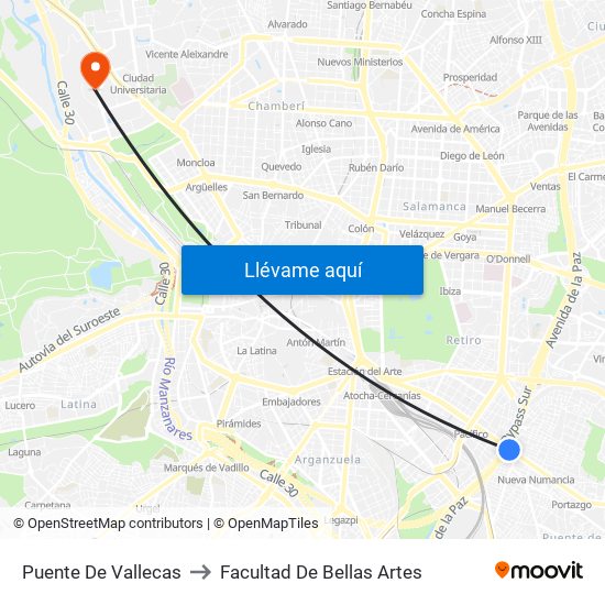 Puente De Vallecas to Facultad De Bellas Artes map