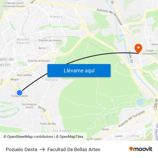 Pozuelo Oeste to Facultad De Bellas Artes map