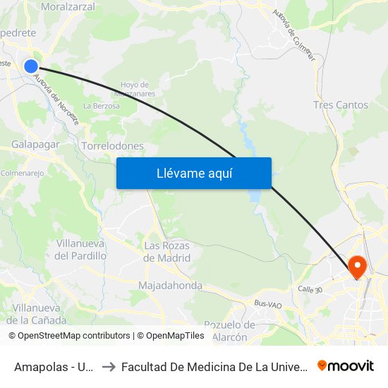Amapolas - Urb. Los Valles to Facultad De Medicina De La Universidad Autónoma De Madrid map