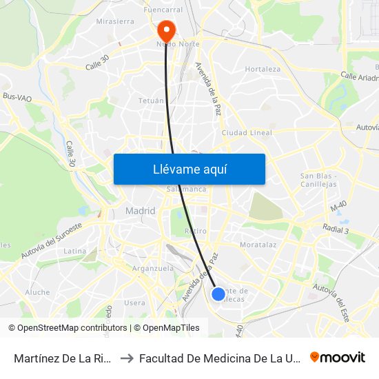 Martínez De La Riva - Puerto Bonaigua to Facultad De Medicina De La Universidad Autónoma De Madrid map