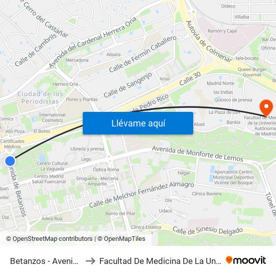 Betanzos - Avenida De La Ilustración to Facultad De Medicina De La Universidad Autónoma De Madrid map