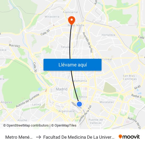 Metro Menéndez Pelayo to Facultad De Medicina De La Universidad Autónoma De Madrid map