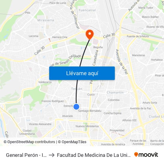 General Perón - Infanta Mercedes to Facultad De Medicina De La Universidad Autónoma De Madrid map
