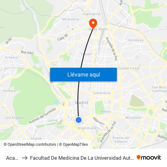 Acacias to Facultad De Medicina De La Universidad Autónoma De Madrid map