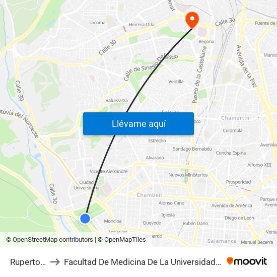 Ruperto Chapí to Facultad De Medicina De La Universidad Autónoma De Madrid map