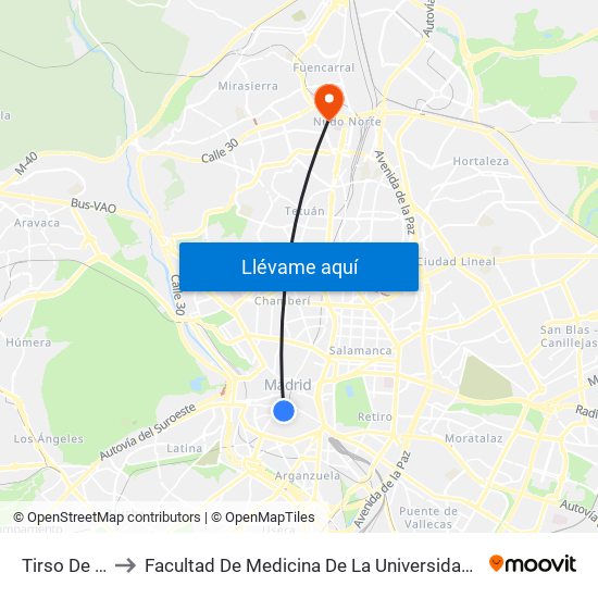 Tirso De Molina to Facultad De Medicina De La Universidad Autónoma De Madrid map