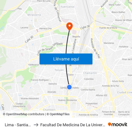 Lima - Santiago Bernabéu to Facultad De Medicina De La Universidad Autónoma De Madrid map