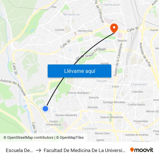 Escuela De Caminos to Facultad De Medicina De La Universidad Autónoma De Madrid map