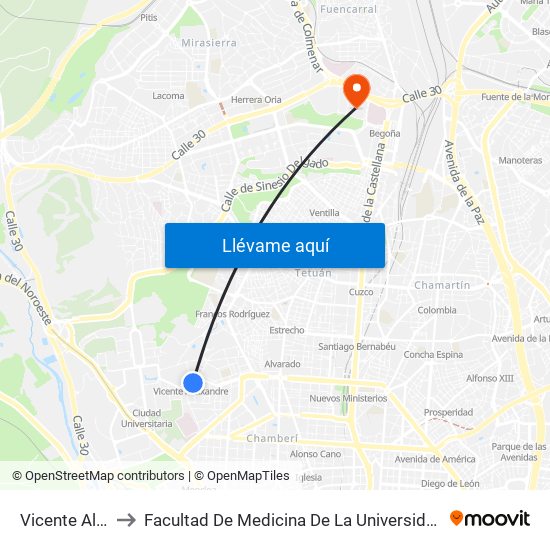 Vicente Aleixandre to Facultad De Medicina De La Universidad Autónoma De Madrid map