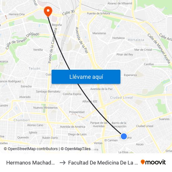 Hermanos Machado - San Juan De La Cuesta to Facultad De Medicina De La Universidad Autónoma De Madrid map