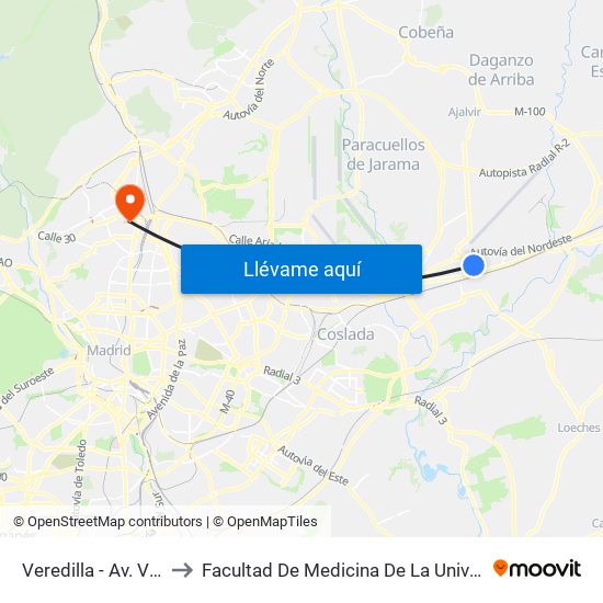 Veredilla - Av. Virgen De Loreto to Facultad De Medicina De La Universidad Autónoma De Madrid map
